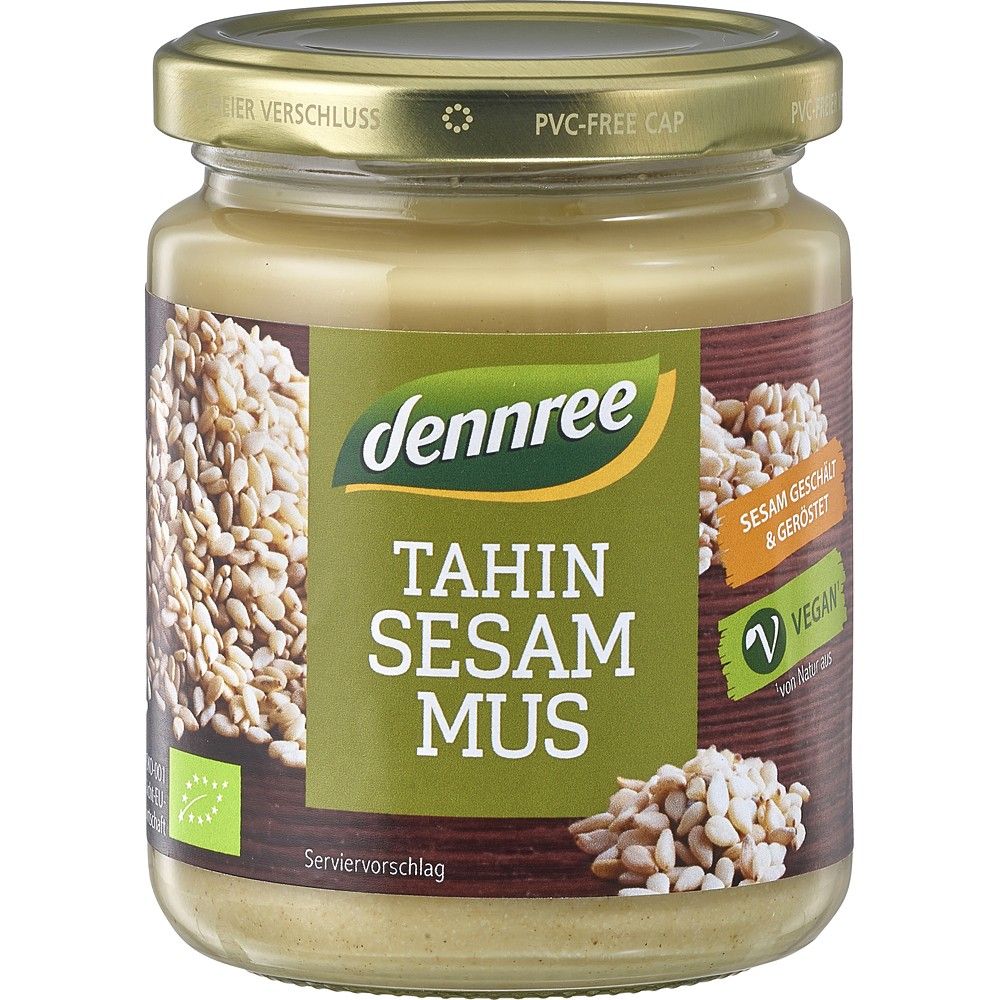 Borcan de pastă de susan bio Tahin Dennree, capac auriu, etichetă verde, 250g.