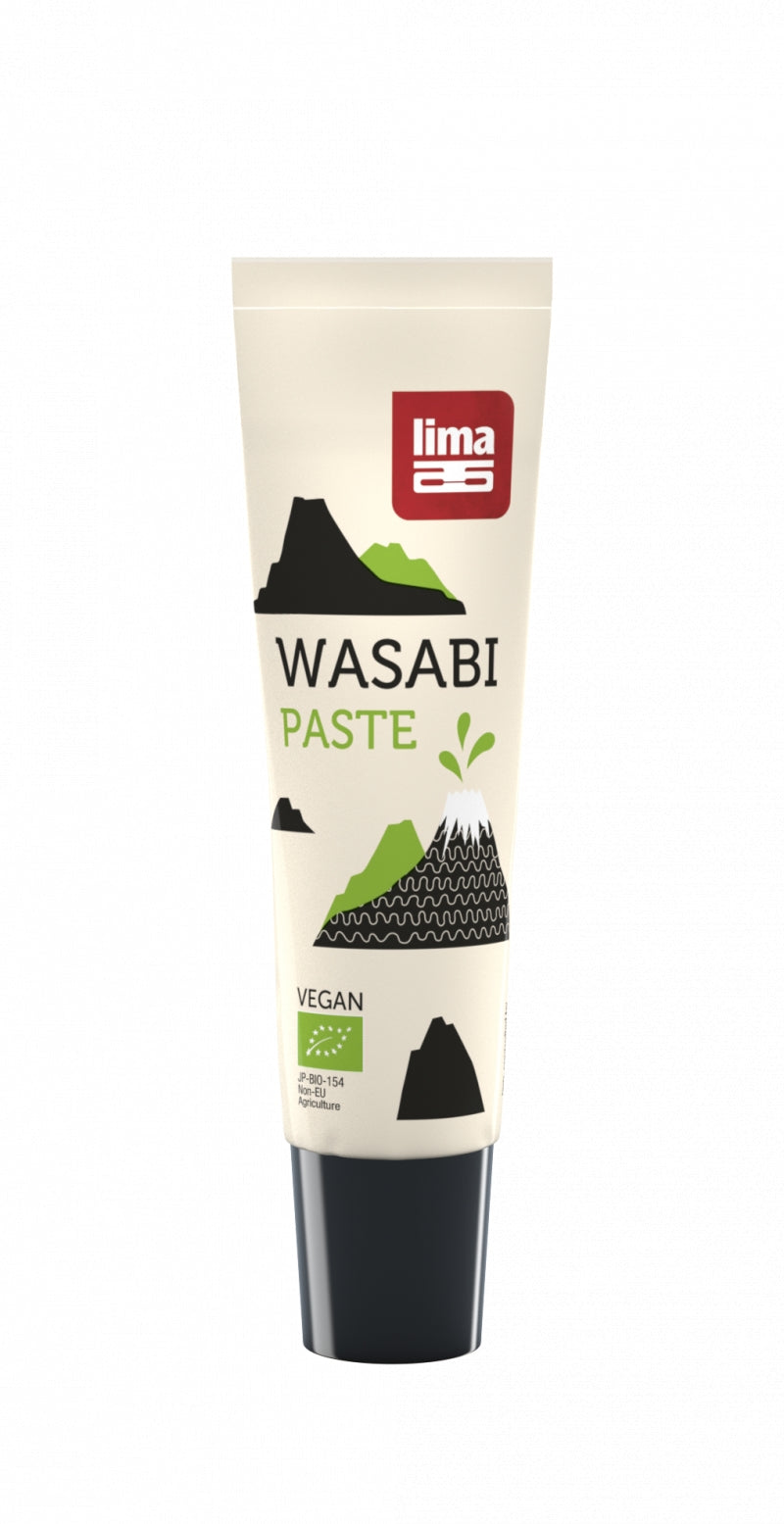Pasta de wasabi originală japoneză LIMA 30g, tub bej cu capac negru, etichete verzi și negre.