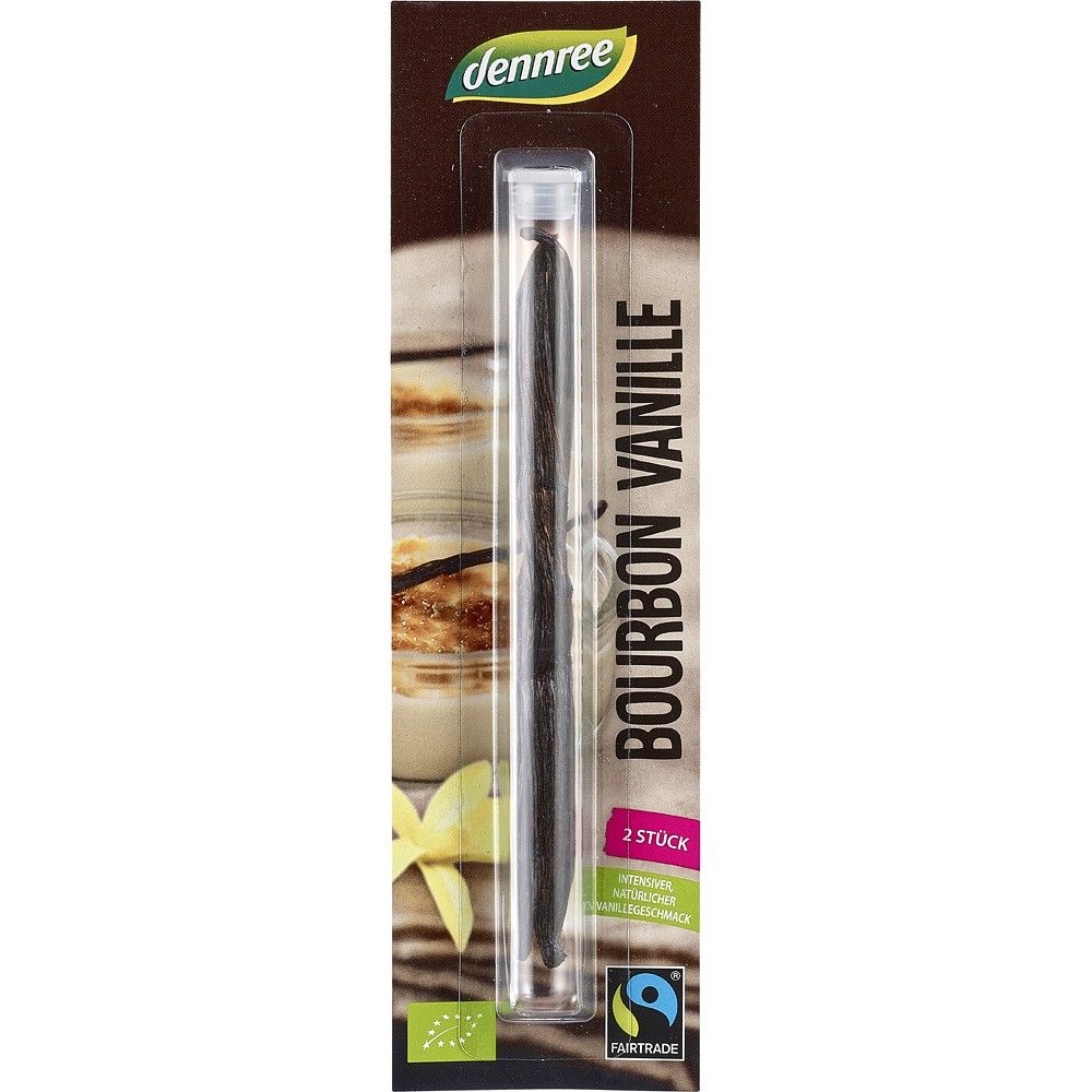 Pastai bio vanilie Bourbon Dennree, 2 bucăți, ambalaj transparent cu fundal crem și logo Fairtrade.