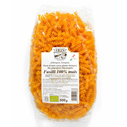 Fusilli bio din porumb, fără gluten, 500g, ambalaj transparent, culoare galben-portocaliu.