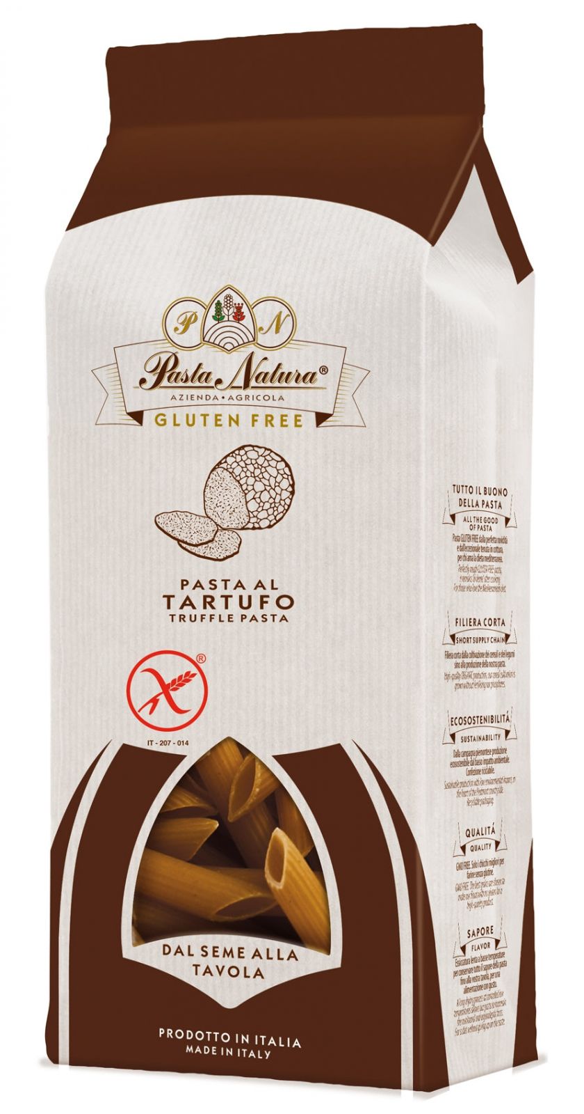 Paste casarecce cu trufe fără gluten 250g Pasta Natura, ambalaj alb-maro cu fereastră.