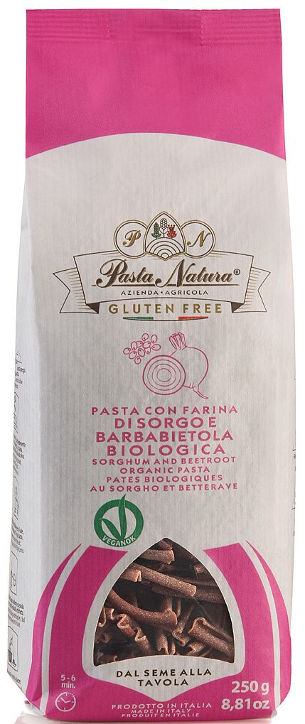 Paste din sorg cu sfeclă roșie bio fără gluten, 250g, ambalaj roz și alb.