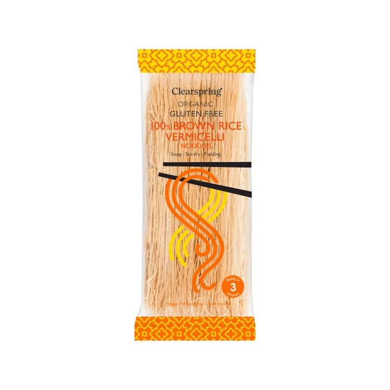 Fidea din orez brun, fără gluten Clearspring, ambalaj galben-portocaliu, 180g.