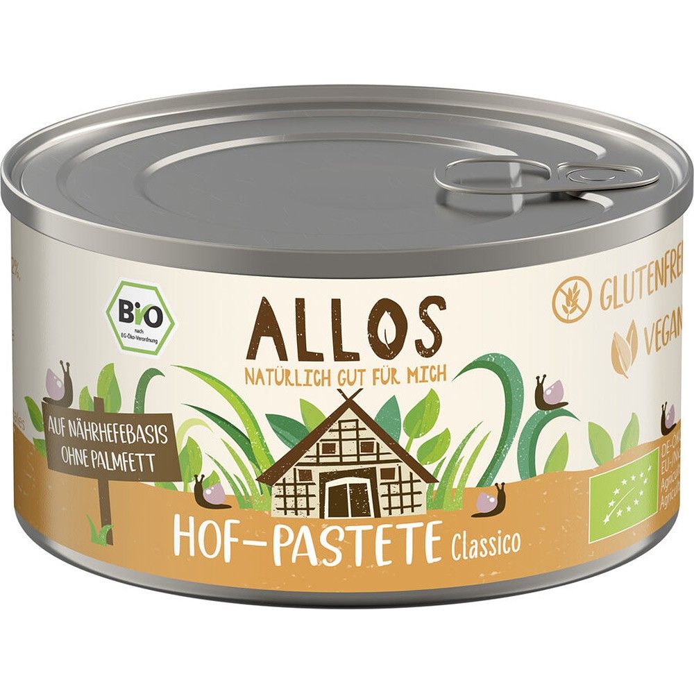 Conservă pate vegetal bio clasic Allos, etichetă crem cu design verde și maro, 125g fără gluten.
