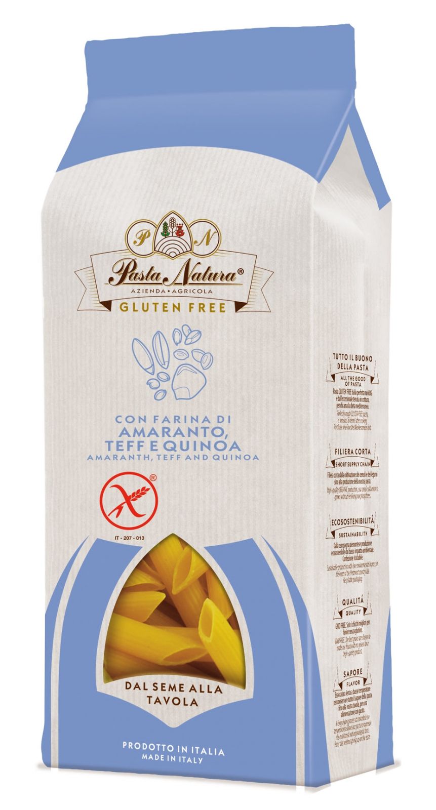 Penne din amarant, teff, quinoa bio, fără gluten 250g, ambalaj albastru Pasta Natura.
