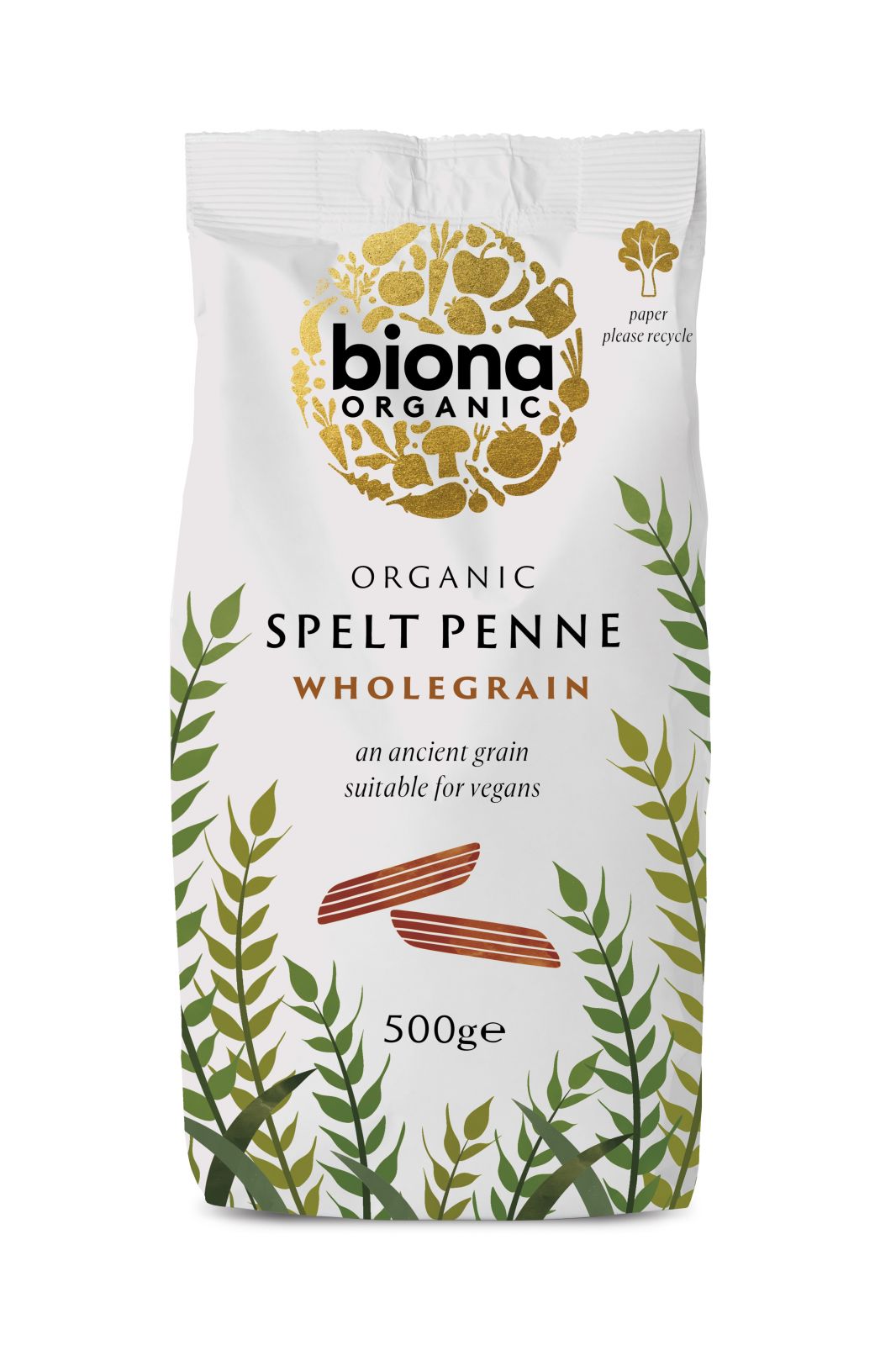 Penne din grâu spelta integral eco 500g Biona, ambalaj alb cu elemente verzi și aurii.