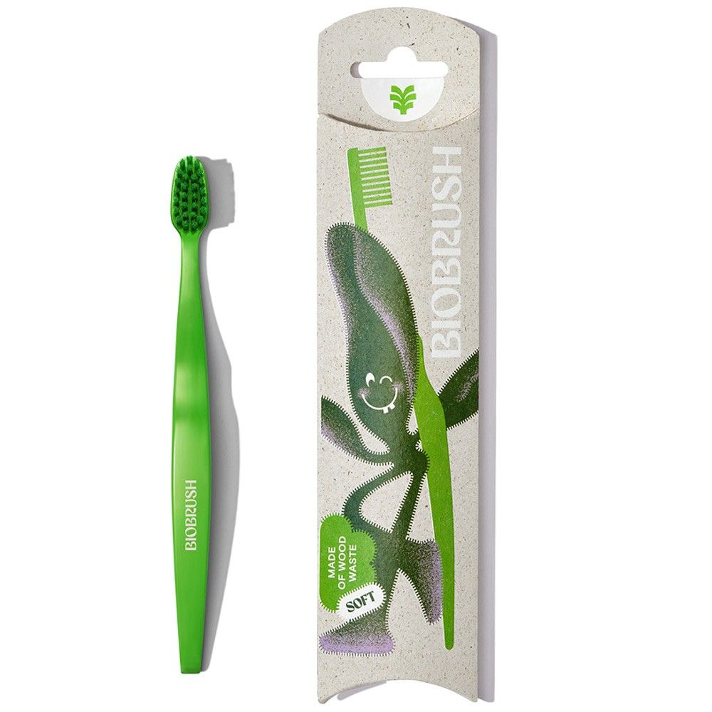 Periuță de dinți copii verde Biobrush, din lemn și plastic cu ambalaj eco.