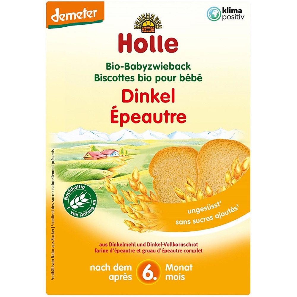 Pesmeți din grâu spelta Holle, organic, pentru bebeluși, 6 luni+, 200g, fără zahăr.