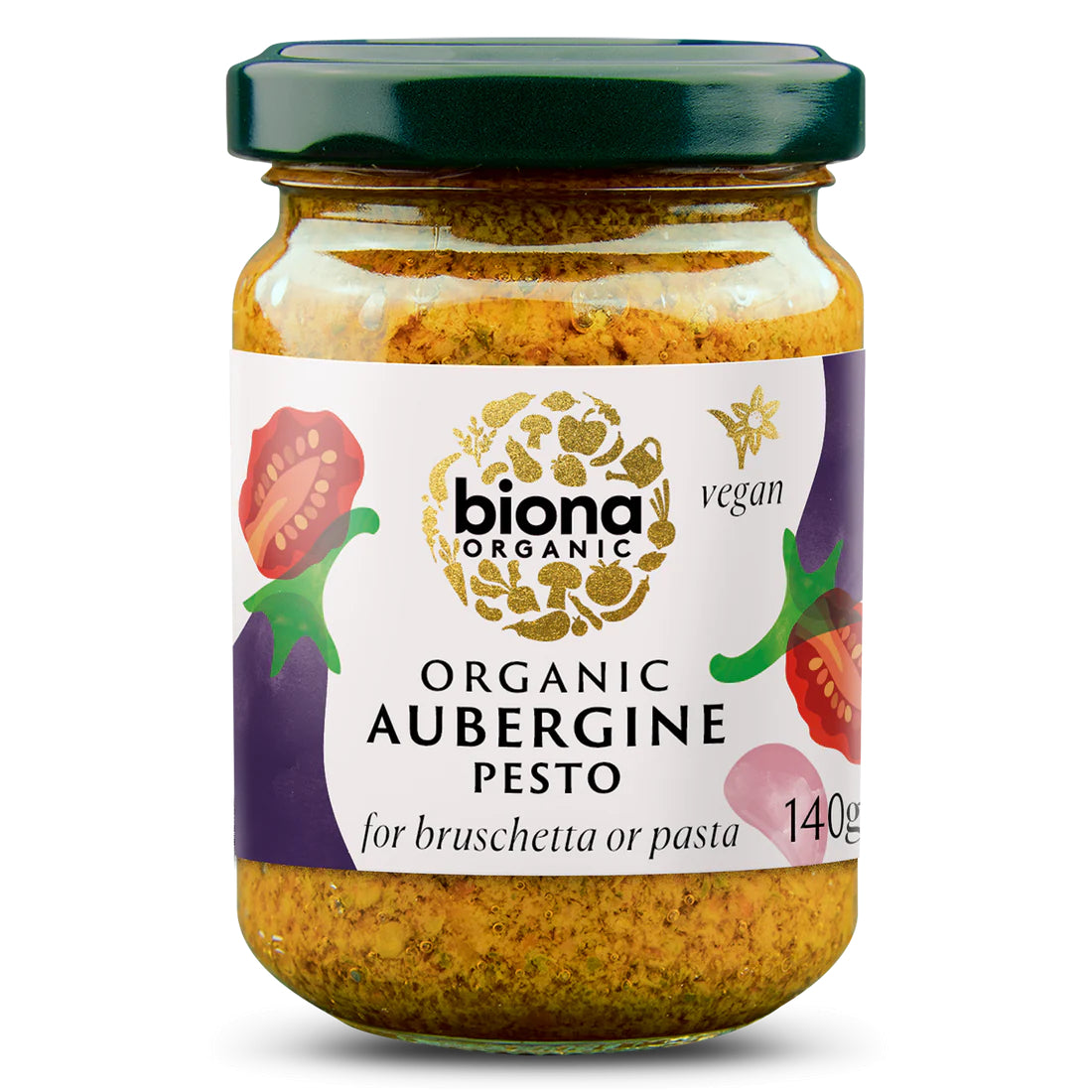 Pesto de vinete bio Biona, 140g, etichetă verde și mov, borcan sticlă
