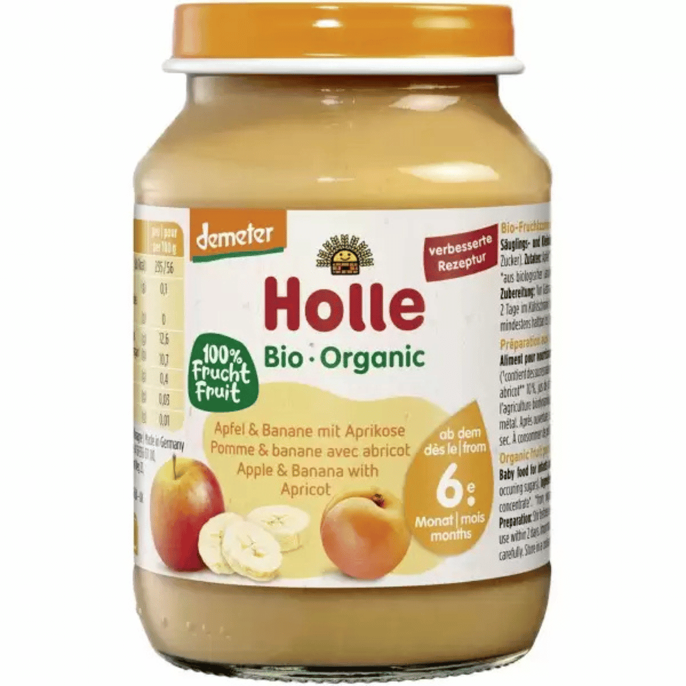 Piure bio Holle, mere, banane, caise, borcan 190g pentru copii 6 luni.