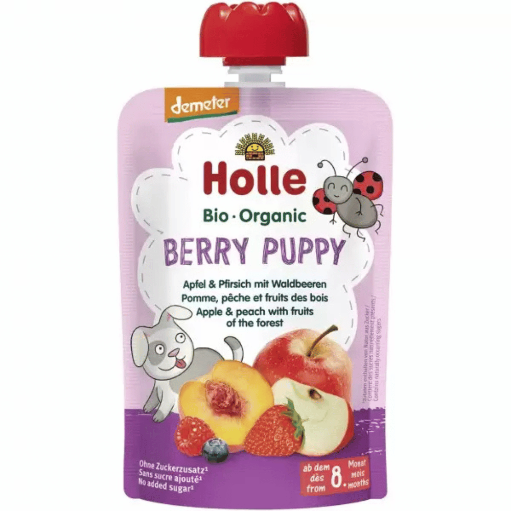 Piure bio mere piersici și fructe de pădure Holle, plic mov cu capac roșu, 100g.