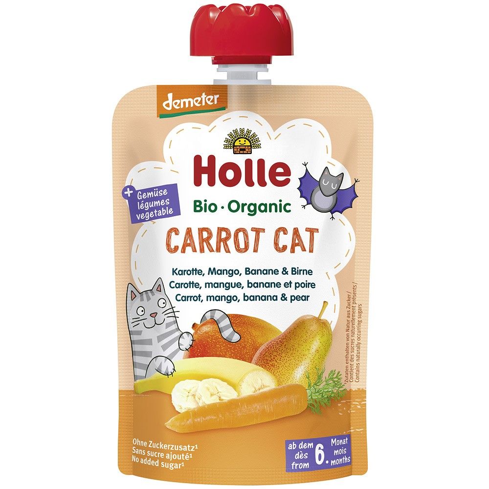 Piure bio Holle cu morcov, mango, banane, pere, ambalaj 100g, decorat cu ilustrații vesele.