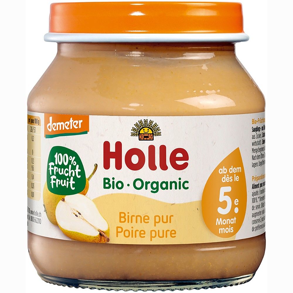 Piure bio de pere Holle, borcan 125g, capac portocaliu, etichetă albă, text verde și portocaliu.