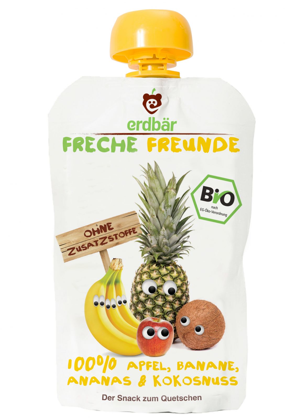 Piure bio din mere, banane, ananas și cocos Erdbar, 100g, fără gluten, ambalaj colorat și capac galben.