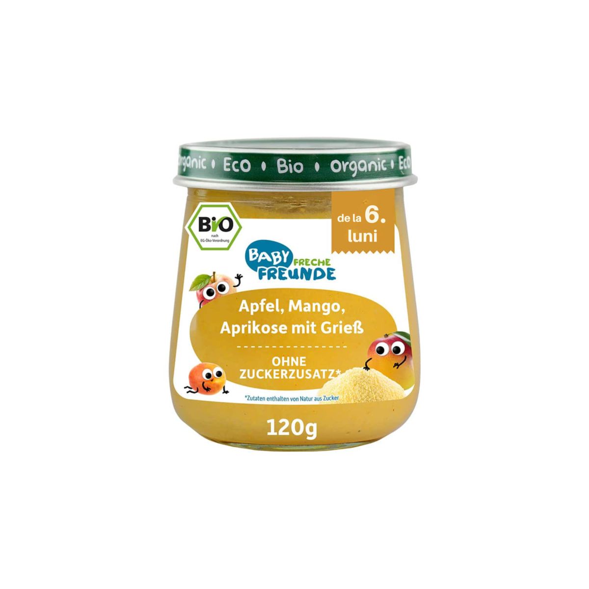 Piure bio mere, mango, caise cu griș, 120g, eticheta verde, potrivit pentru 6+ luni.
