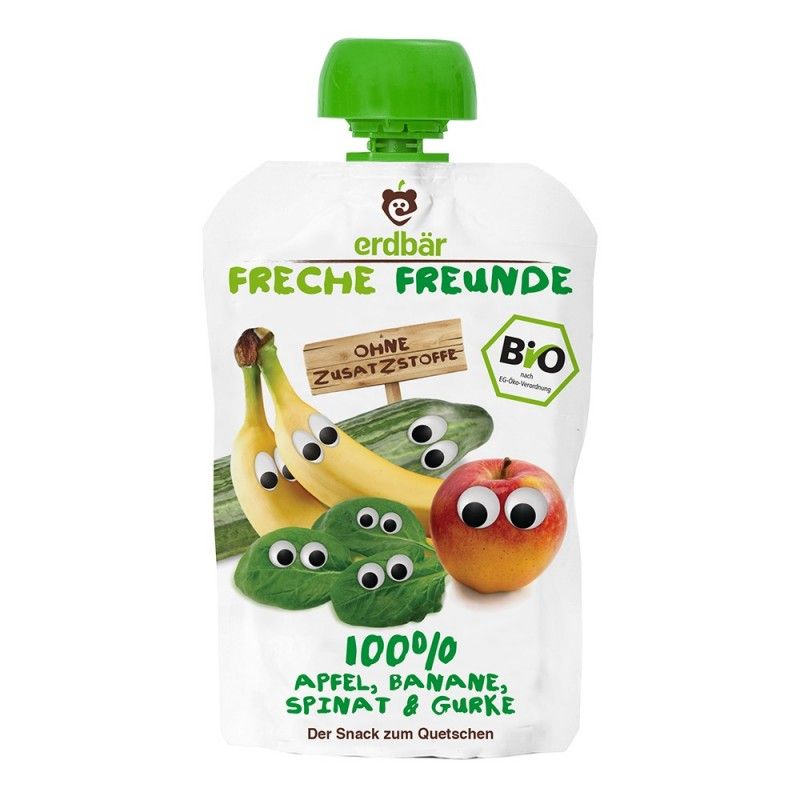 Piure bio spanac castravete Erdbar, ambalaj alb cu capac verde, ilustrații fructe legume.