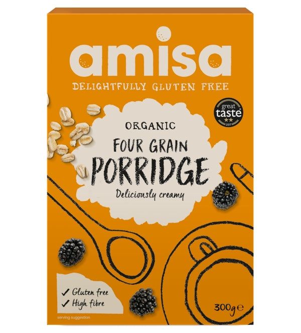 Porridge din 4 cereale fără gluten bio 300g Amisa, cutie portocalie cu ilustrații și text promovat.