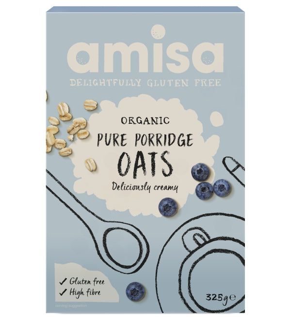 Porridge eco fără gluten Amisa 325g, ovăz integral bio, ambalaj albastru cu ilustrații negru și afine.