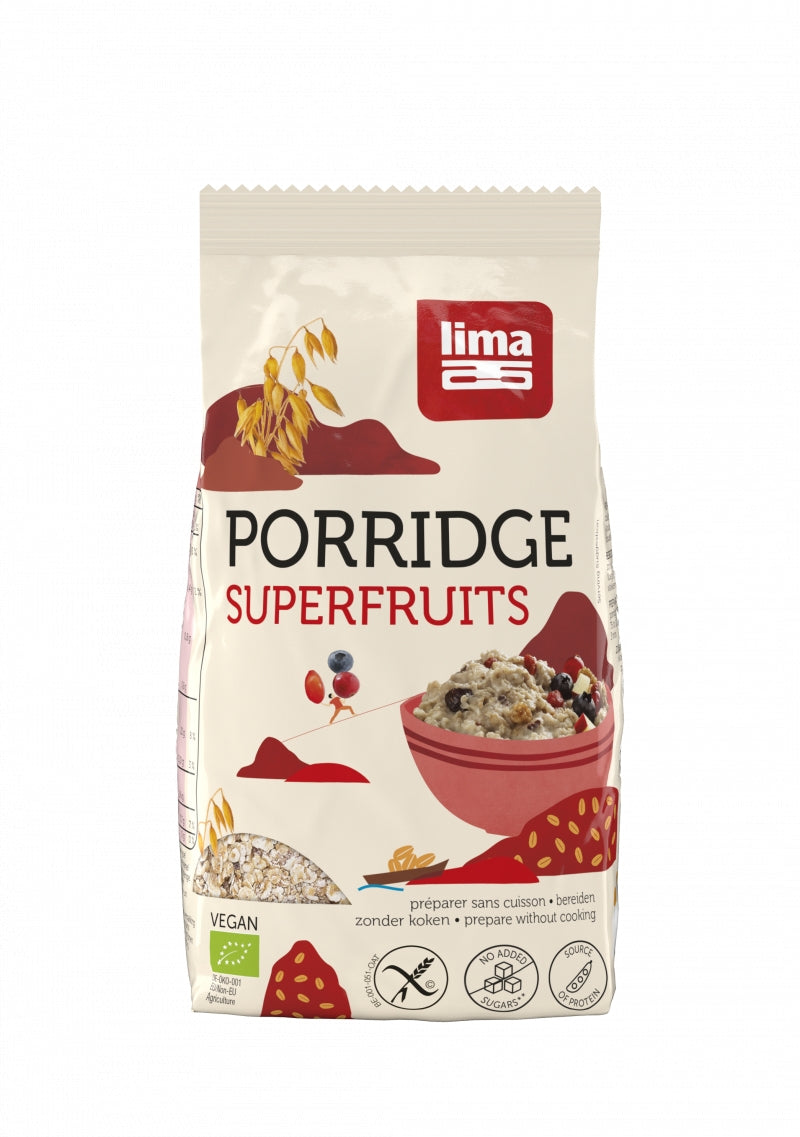 Porridge Express superfructe fara gluten bio, ambalaj Lima 350g, ilustrație fructe.