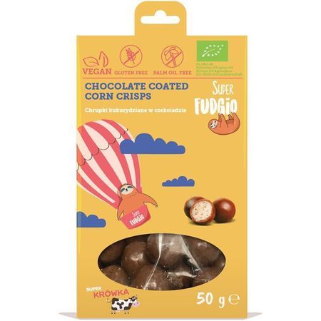 Porumb crocant învelit în ciocolată bio, fără gluten, fără lactoză, vegan, ambalaj galben 50g Super Fudgio.