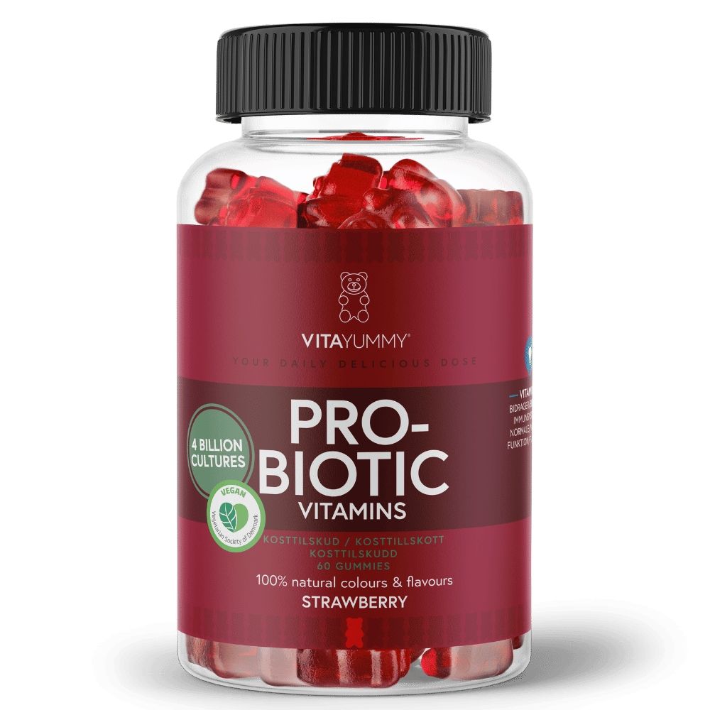 Ursuleți gumați vegani Probiotic Vitayummy, aromă căpșuni, 60 jeleuri, 180g, ambalaj rezistent.