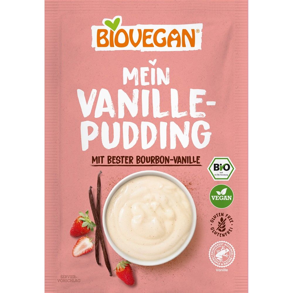 Pudra budincă vanilie Biovegan, bio, fără gluten, 36g, cu aromă de vanilie și decorată cu căpșuni.