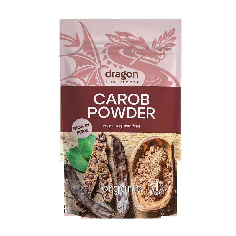 Pudra de carob eco Dragon Superfoods, ambalaj 200g, bogată în fibre, vegană, fără gluten.
