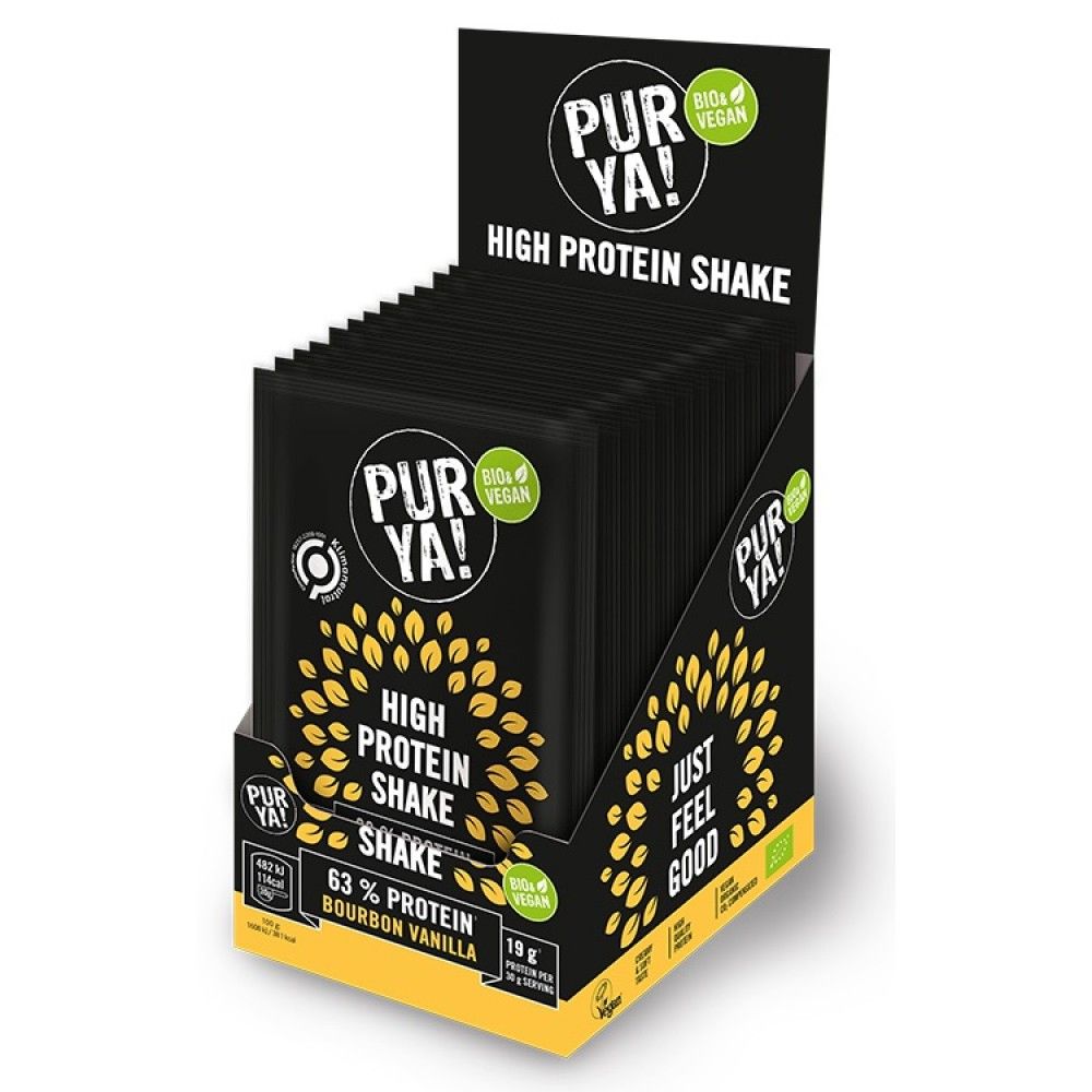 Pudră proteică bio vegetală Purya cu vanilie Bourbon, ambalaj negru cu detalii galbene.