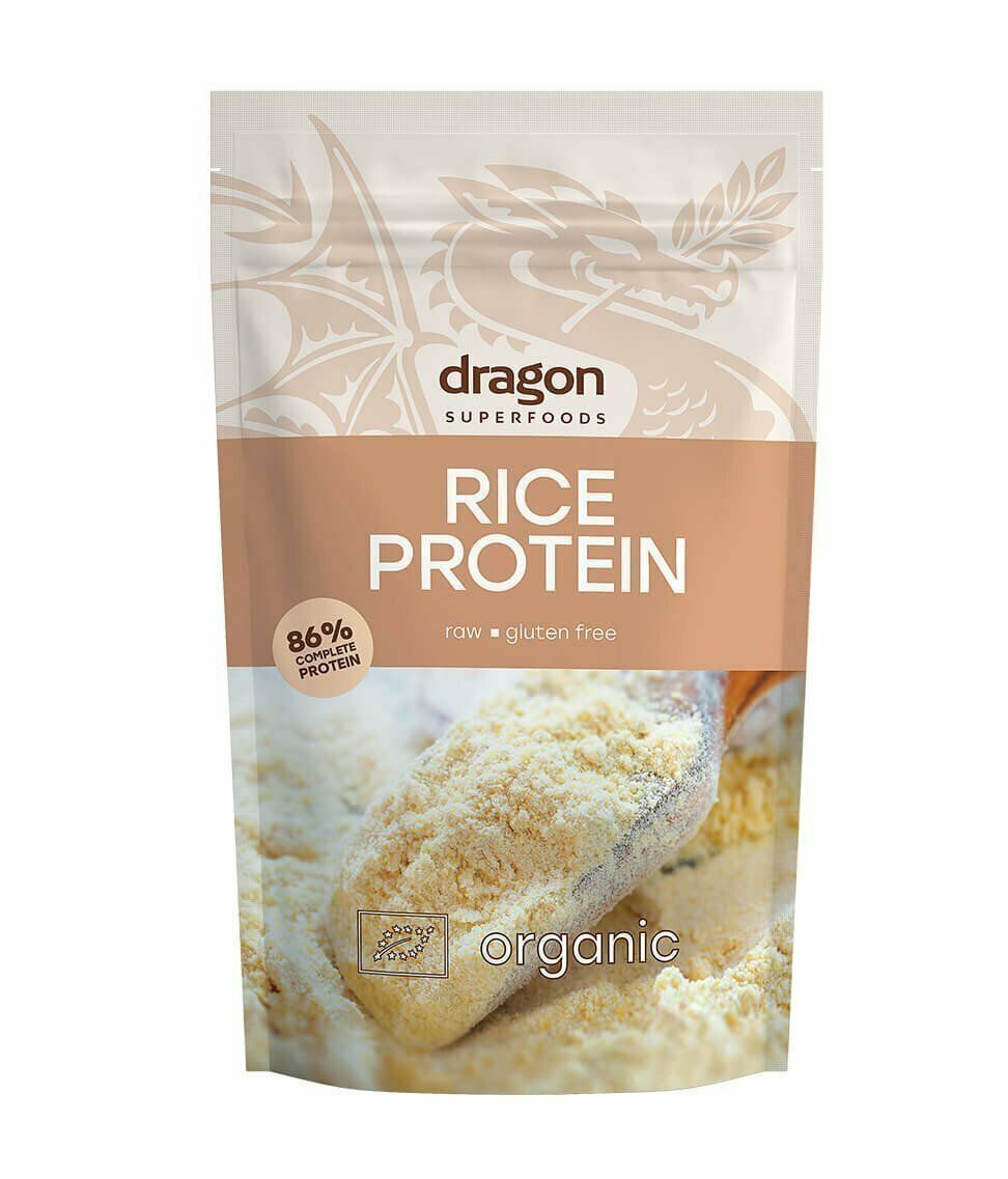 Pudră proteică din orez eco 200g, pachet maro cu design dragon, 86% proteină.
