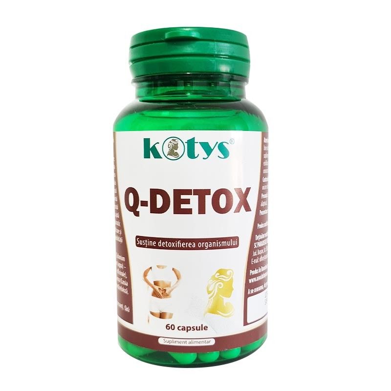 Q-Detox 60cps, KOTYS, flacon verde, etichetă albă și maro, 60 capsule detoxifiere.