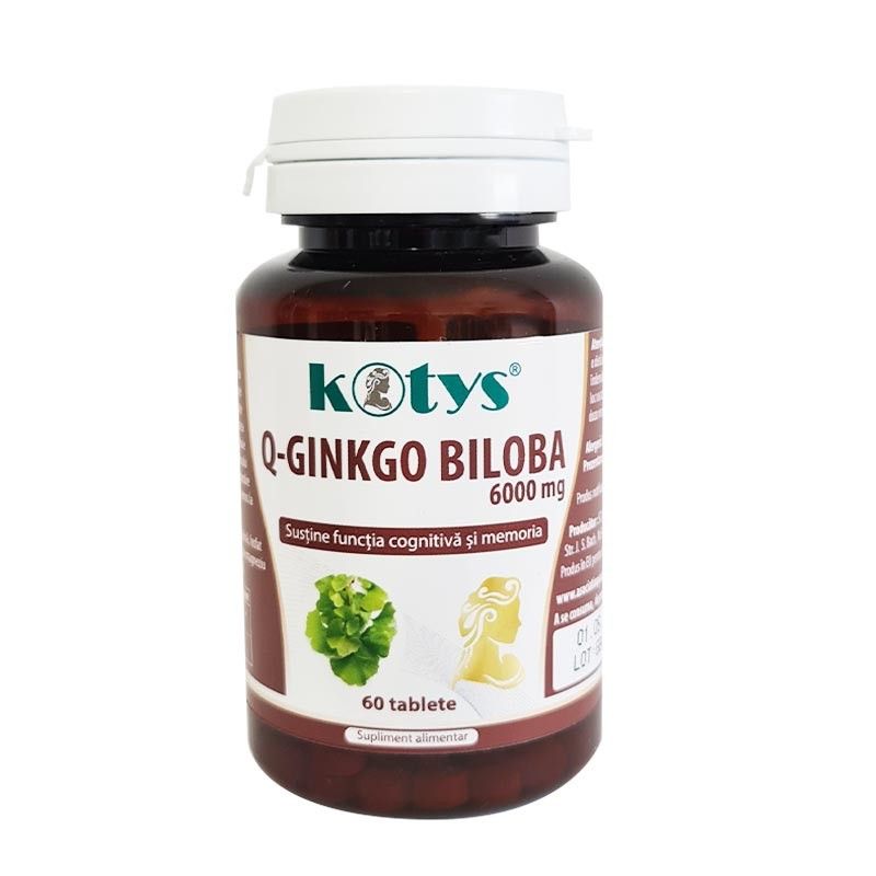 Sticlă cu tablete Q-Ginkgo Biloba 6000mg Kotys, capac alb, etichetă maro.