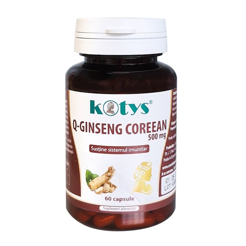 Flacon Q-Ginseng coreean 500mg, 60 capsule, etichetă albă, capac alb, design modern.