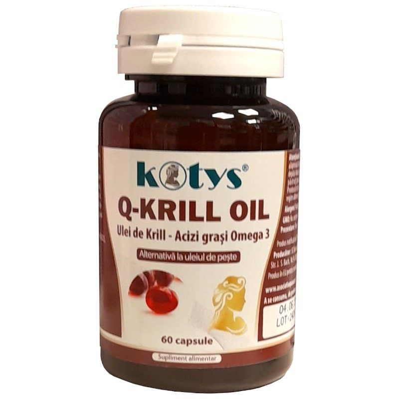 Q-Krill Oil 500MG, 60 capsule, flacon transparent cu etichetă maro și albă.