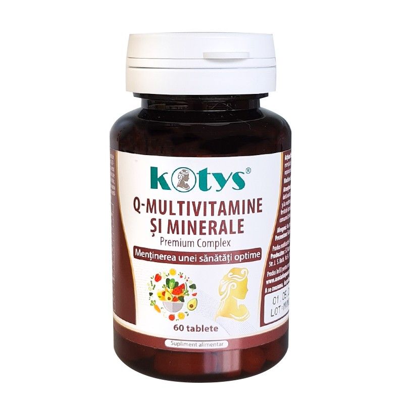 Flacon Q-Multivitamine și Minerale, Kotys, 60 tablete, capac alb, etichetă maro.