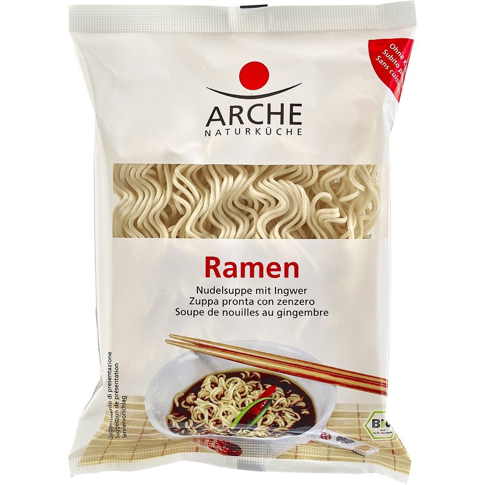 Pachet Ramen supa bio cu taitei si ghimbir 110g Arche, ambalaj alb, logo rosu.