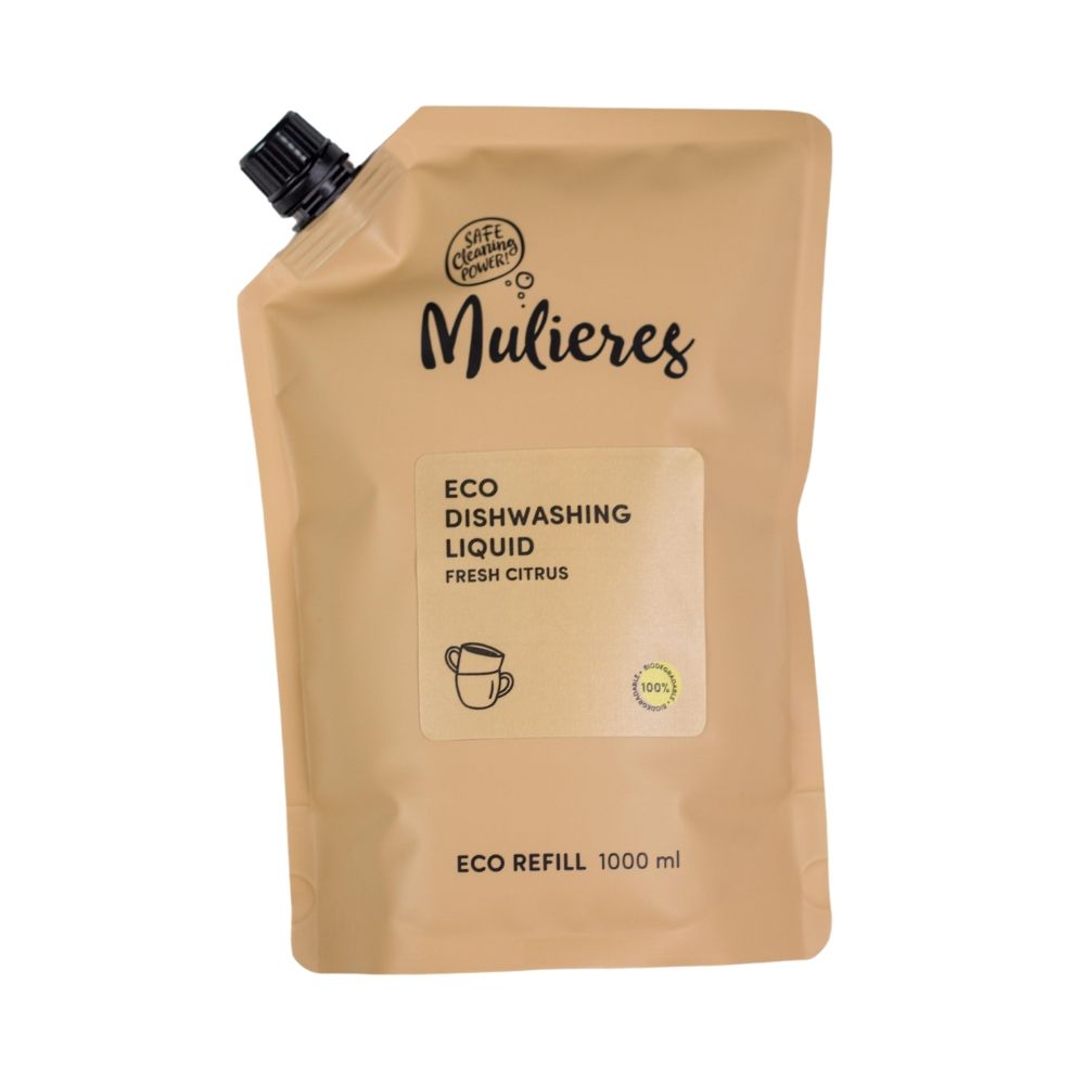 Refill detergent lichid vase Mulieres Fresh Citrus 1000 ml, pachet eco bej cu etichetă.
