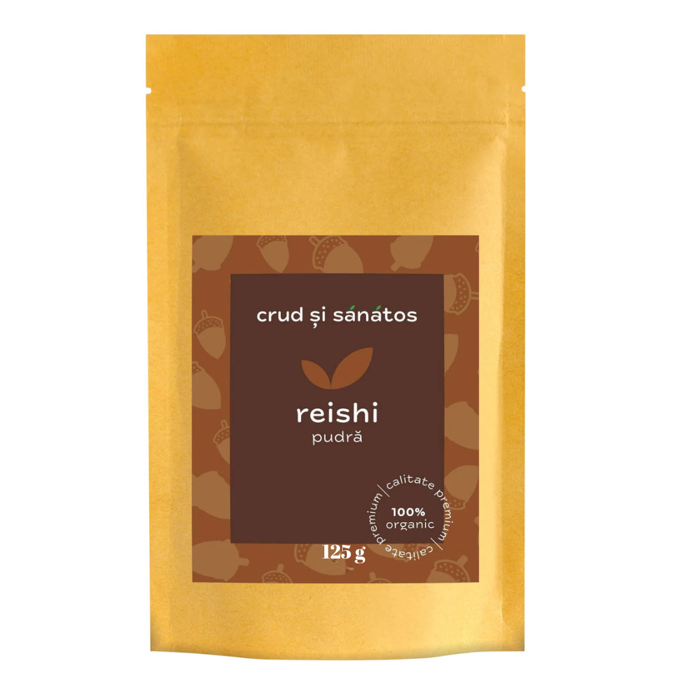Pudră bio Reishi 125g, pachet galben, etichetă maro, sănătos, crud și organic.