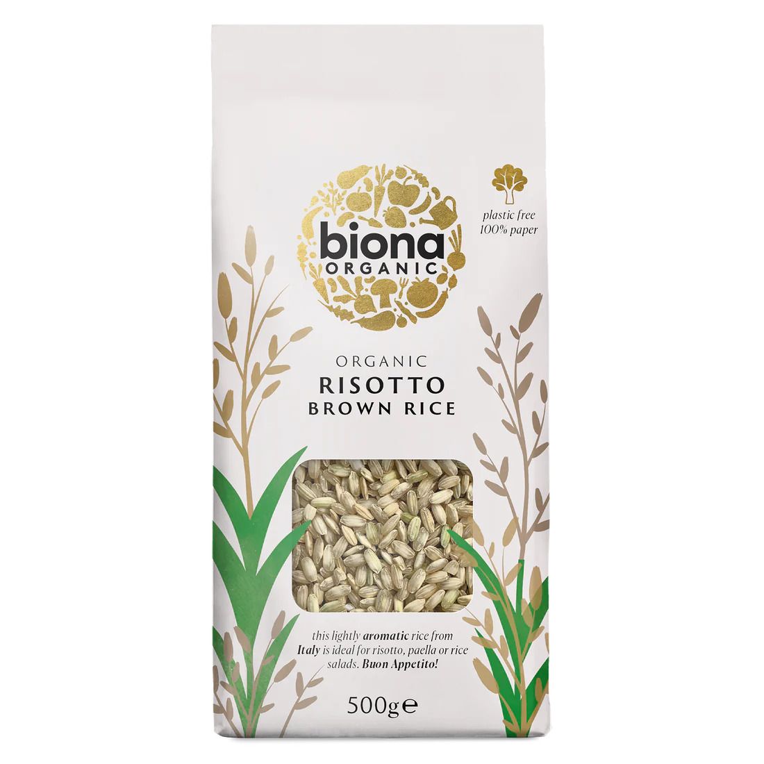 Risotto orez brun bio Biona 500g, ambalaj hârtie alb, design verde-auriu, ecologic.