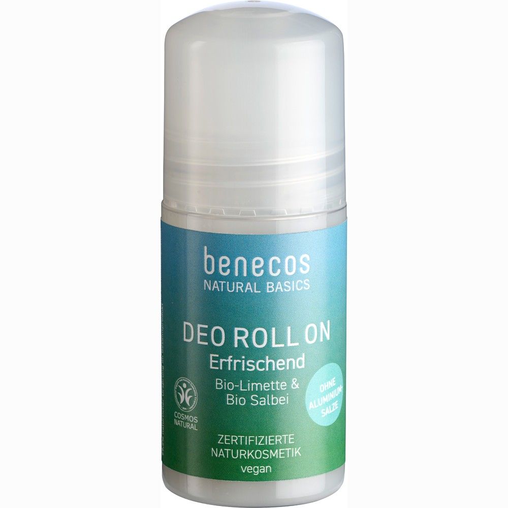 Roll on Benecos revigorant cu lime bio și salvie, fără aluminiu, 50ml, capac transparent, etichetă verde.