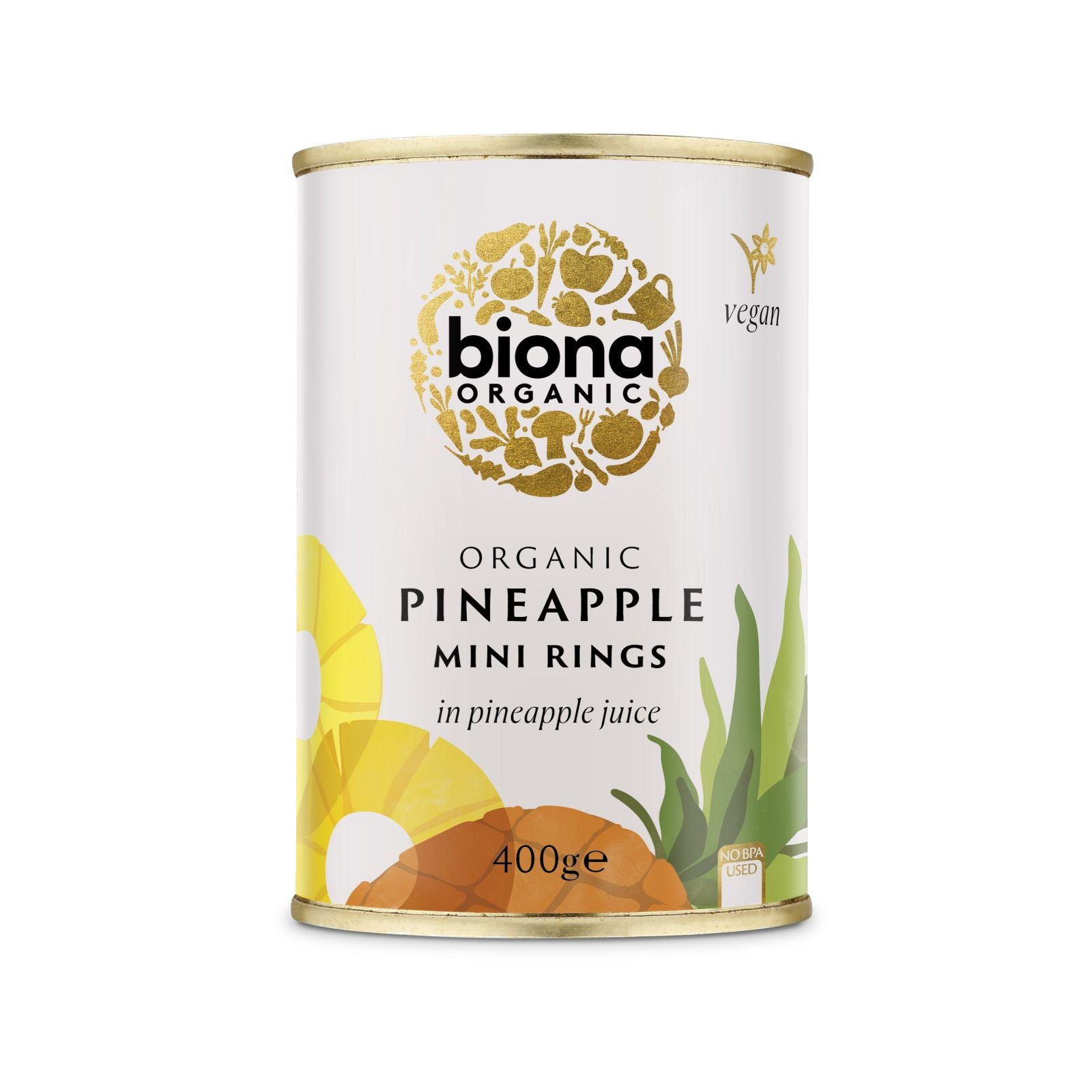 Rondele mini de ananas eco în suc bio, 400g, ambalaj metalic Biona.