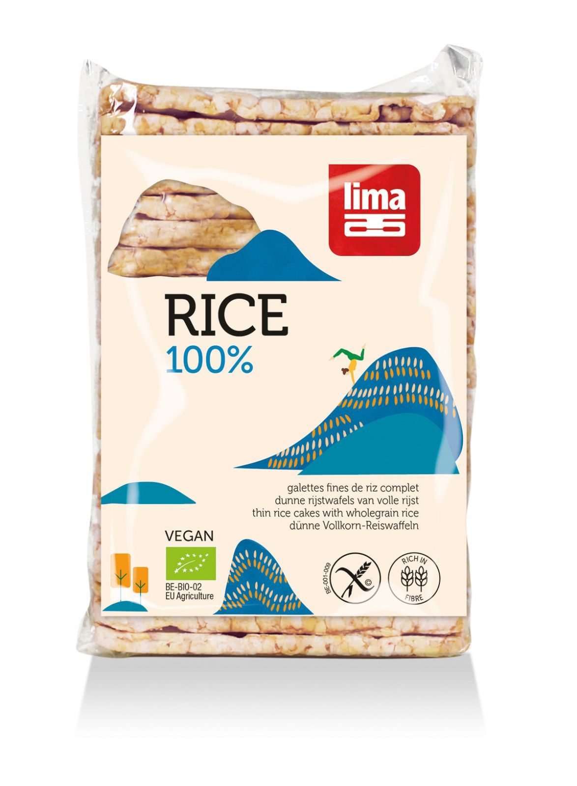 Rondele rectangulare de orez expandat cu sare bio Lima 130g, vegan, fără gluten, ambalaj transparent.