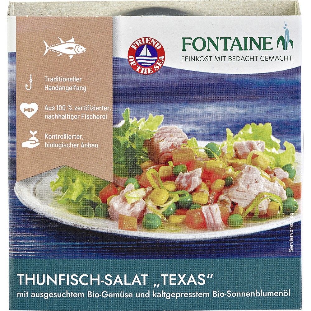 Salată de ton Texas Fontaine cu legume bio, 200g, cutie colorată cu imagini atractive.
