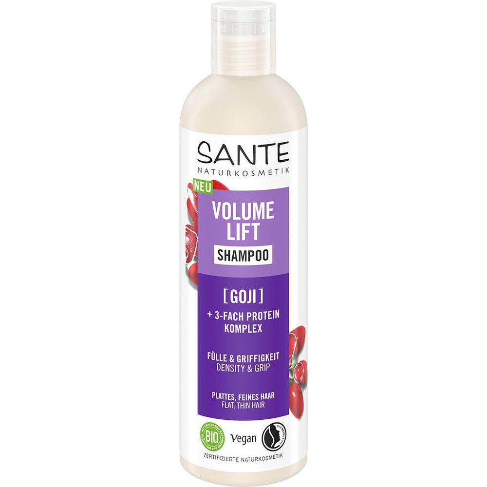 Șampon volum Sante cu goji, sticlă 250ml, etichetă mov, extract bio și complex proteic.