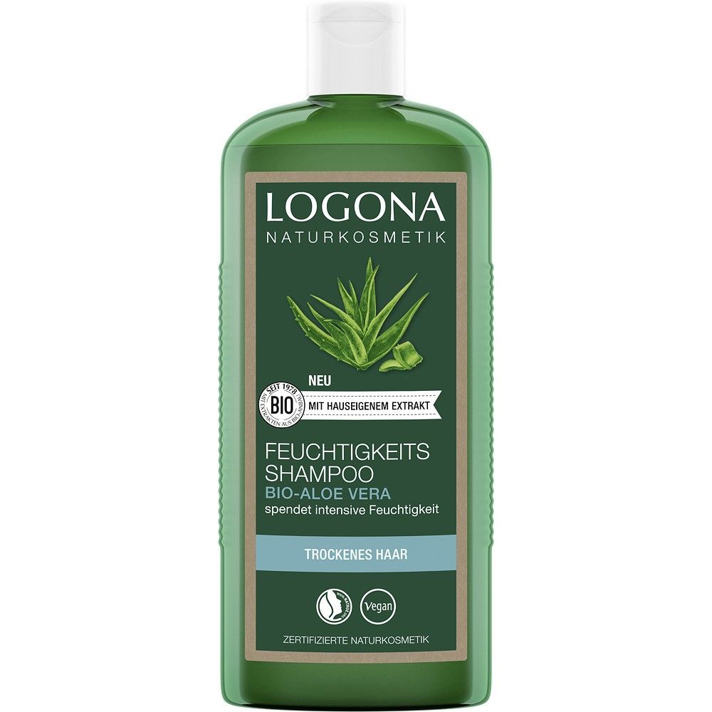 Șampon hidratant bio aloe vera 250ml Logona, sticlă verde, etichetă cu plante aloe.