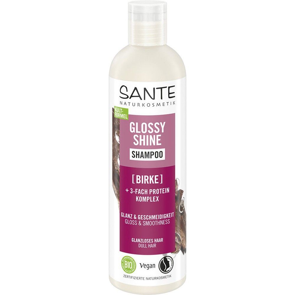 Șampon bio cu mesteacăn Sante, 250ml, etichetă mov, formulă vegană pentru strălucire și netezime.