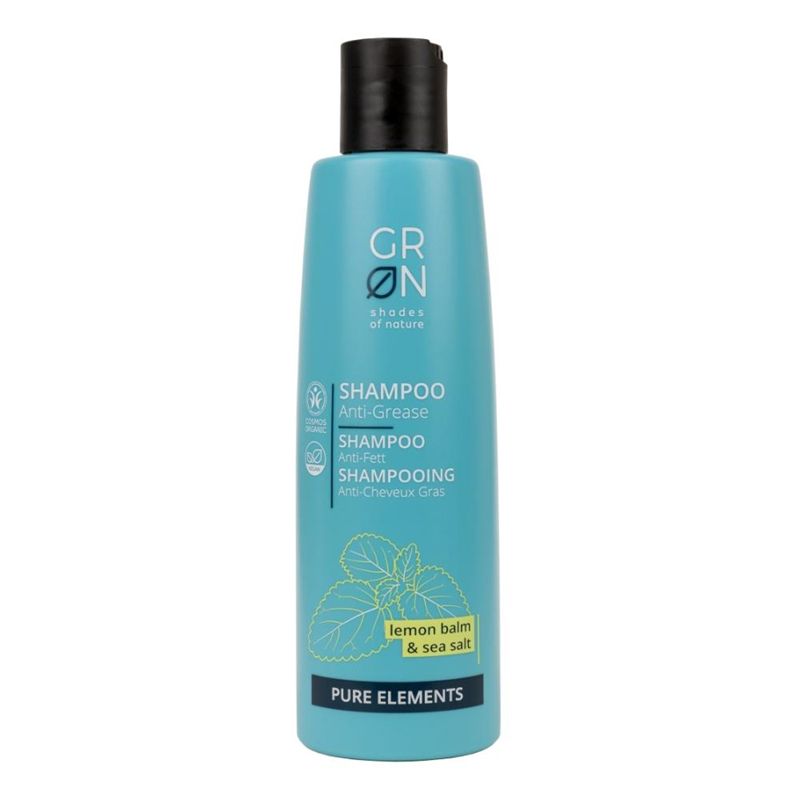 Șampon Bio Organic Pure Elements cu sare de mare și roiniță, 250ml, GRN Shades of Nature, sticlă albastră.