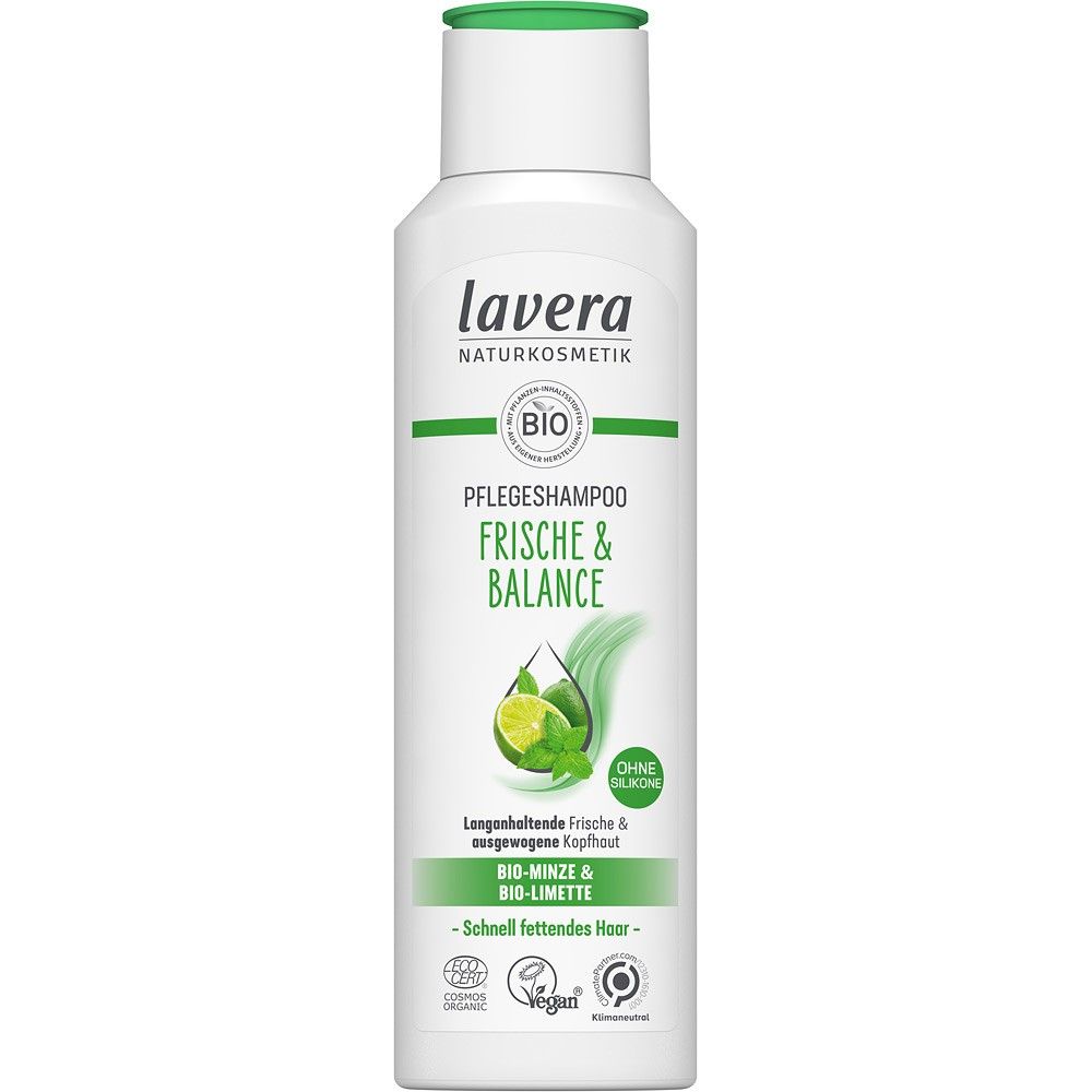 Șampon Lavera 250ml alb-verde cu mentă bio și lime bio, capac verde, etichetă eco.