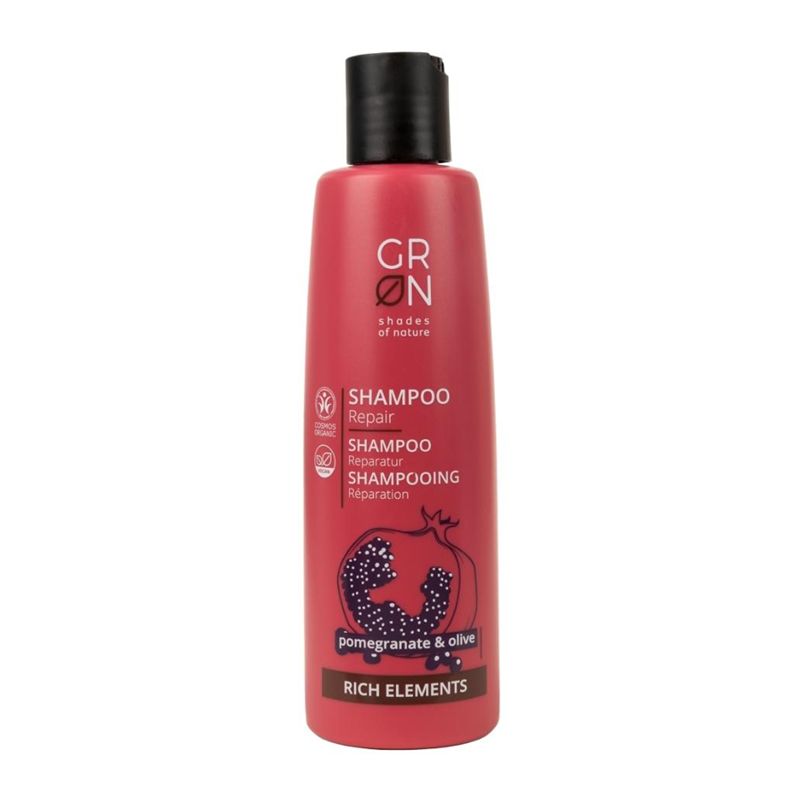 Șampon reparator Bio Organic GRN, 250ml, cu măsline și rodie, ambalaj roz.