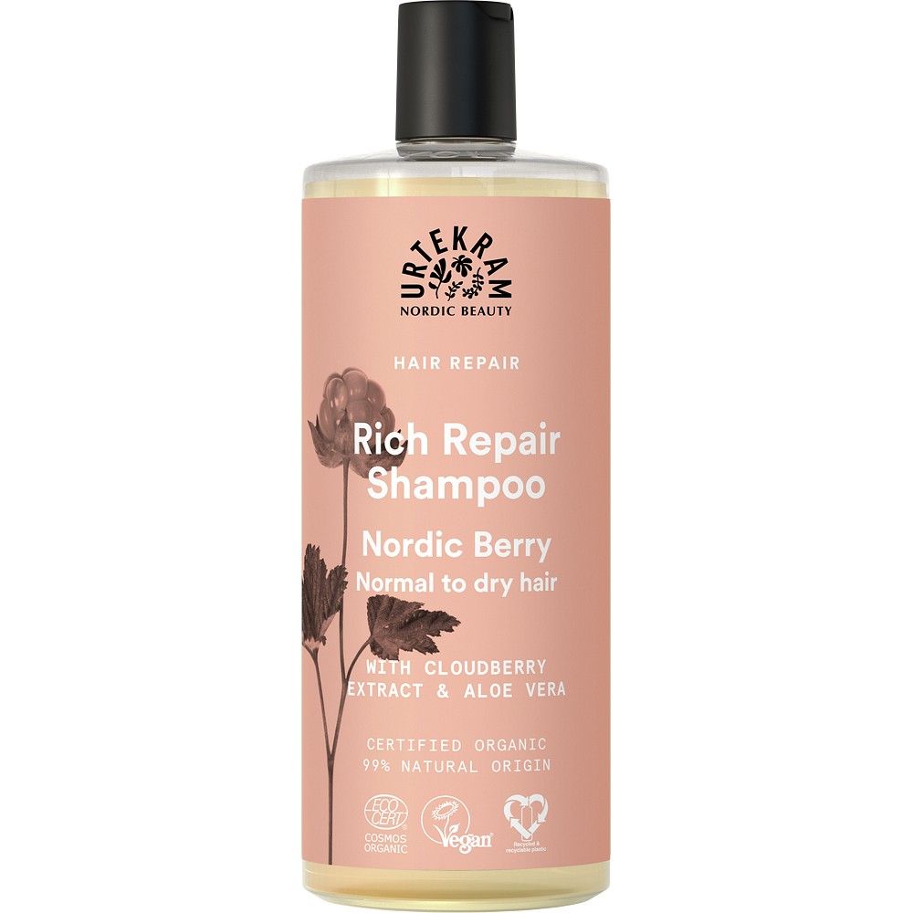 Șampon reparator Nordic Berry Urtekram 500ml, extract de mur pitic și aloe vera, păr normal spre uscat.
