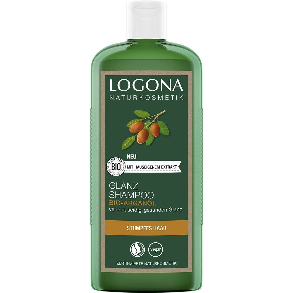 Șampon strălucire Logona cu ulei de argan bio, flacon verde 250ml, etichetă natur.